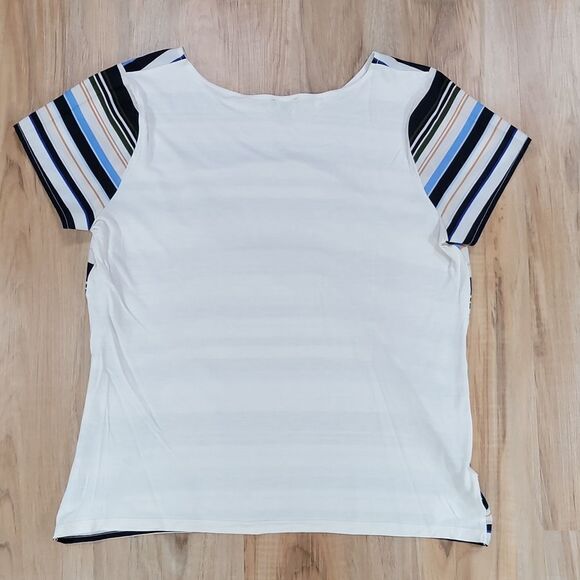 🔺️Ann Taylor Cream Striped Short Sleeve Top Medium - Picture 2 of 8